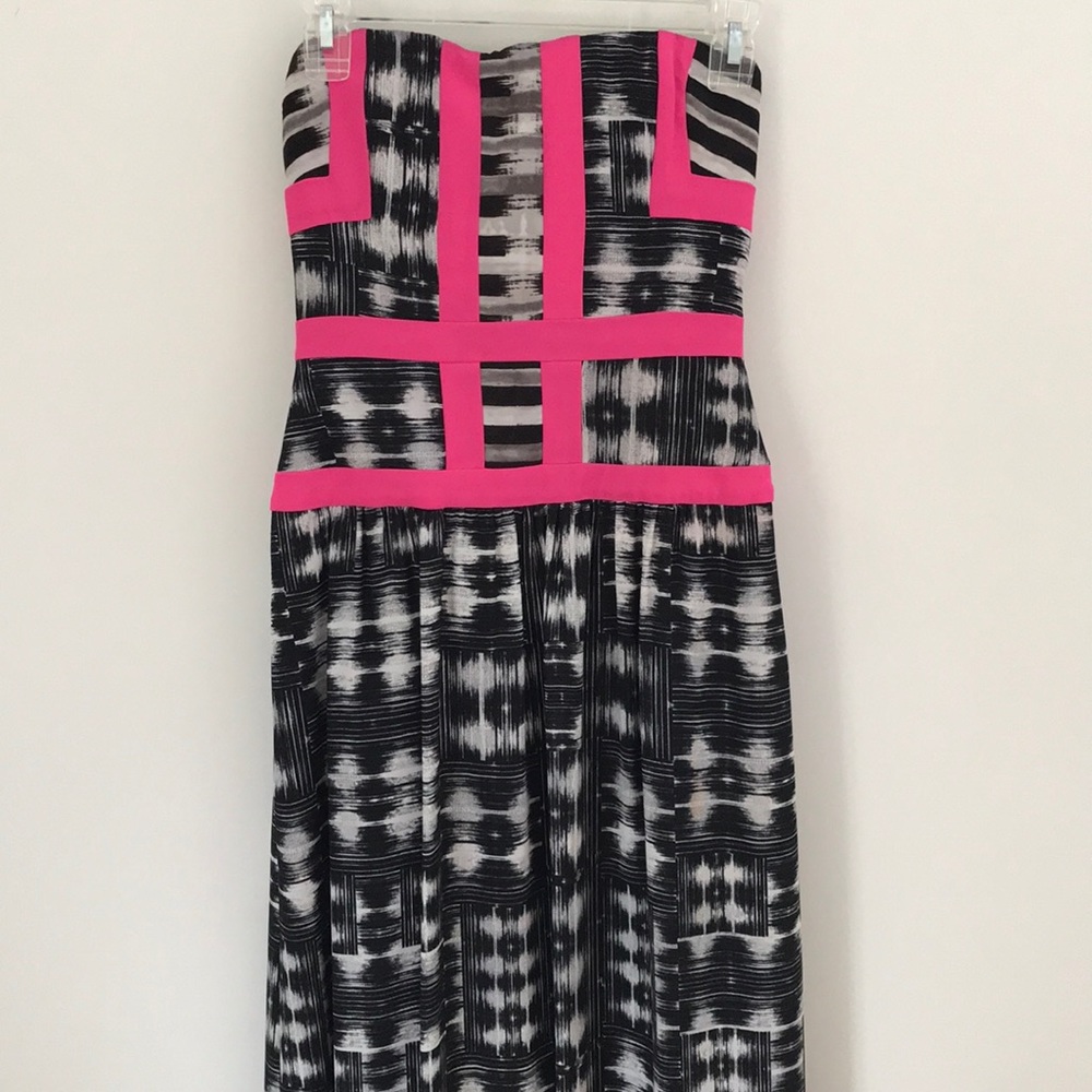 BCBG floor length silk strapless gown
